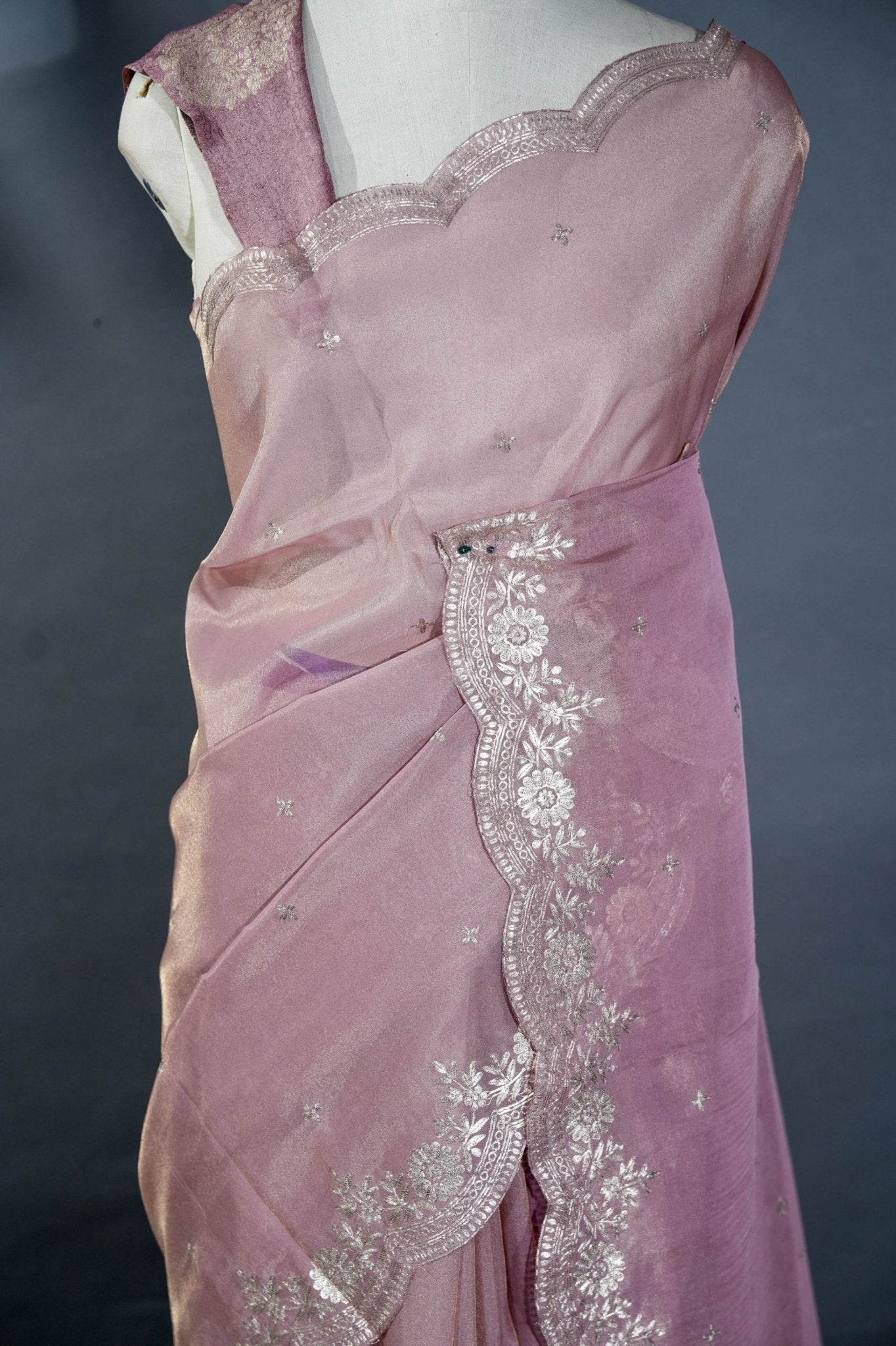 Pink Embroidery Tissue Saree - Shop Vastram