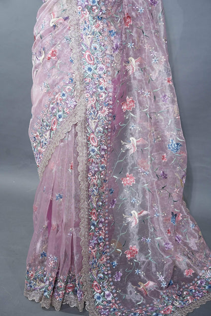 Pink Embroidery Tissue Saree - Shop Vastram