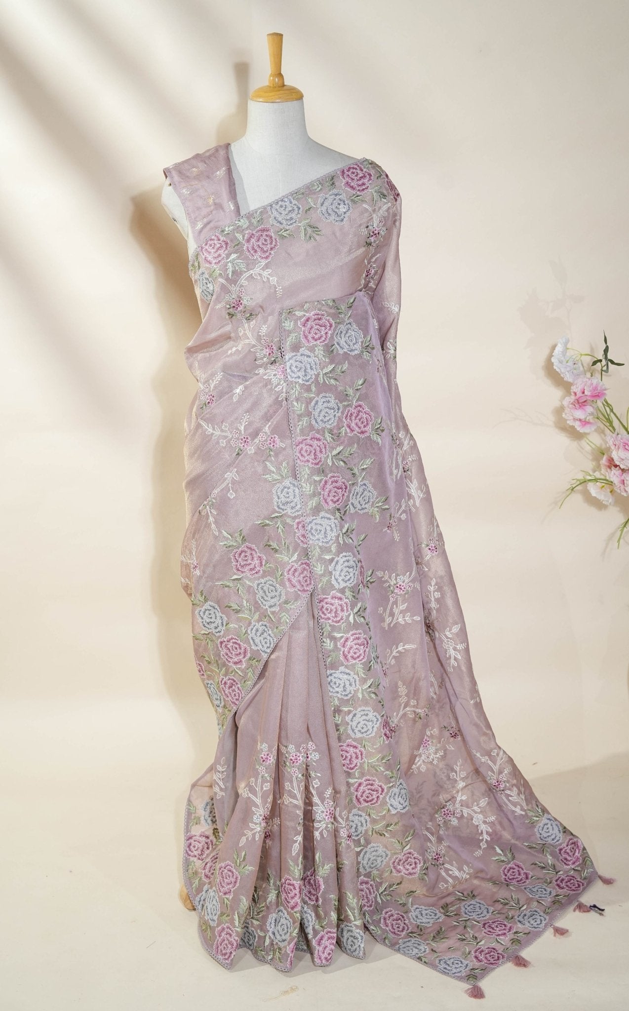 Pink Embroidery Tissue Saree - Shop Vastram