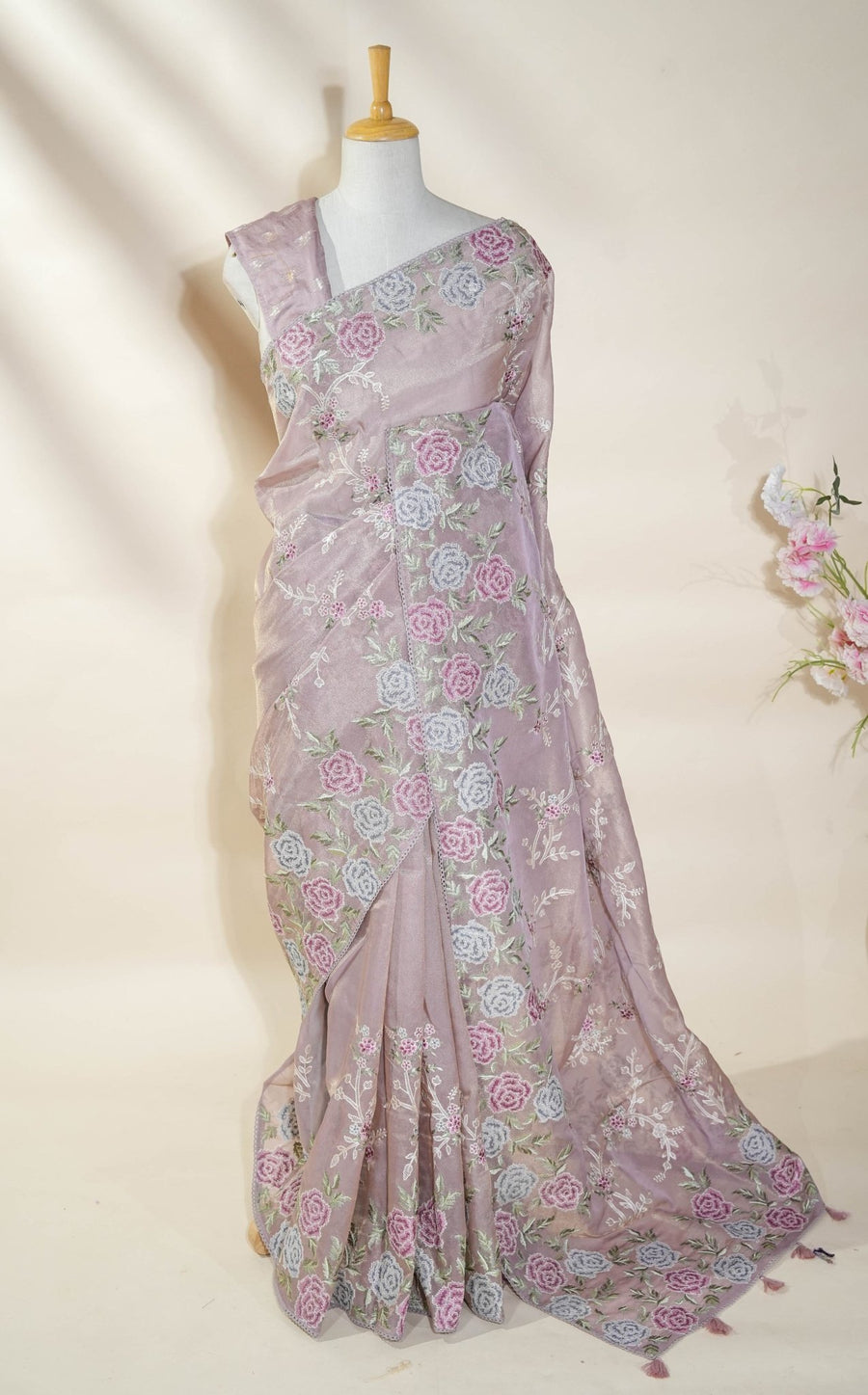 Pink Embroidery Tissue Saree - Shop Vastram