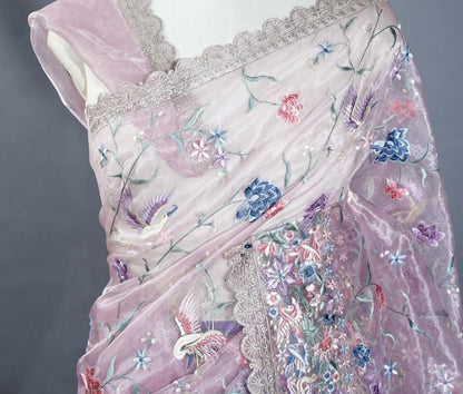 Pink Embroidery Tissue Saree - Shop Vastram