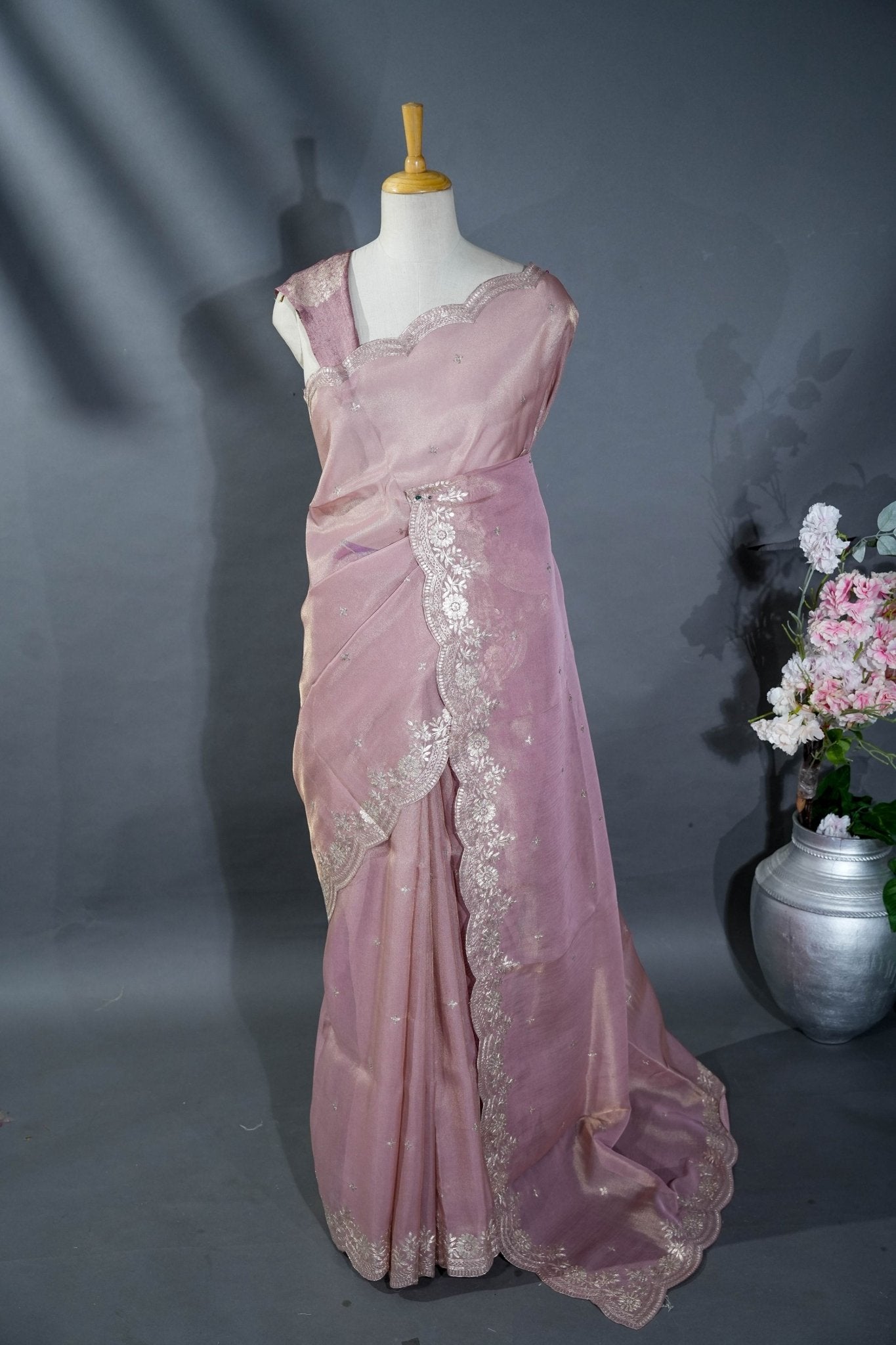 Pink Embroidery Tissue Saree - Shop Vastram