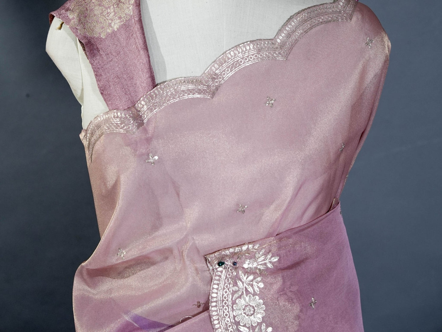 Pink Embroidery Tissue Saree - Shop Vastram