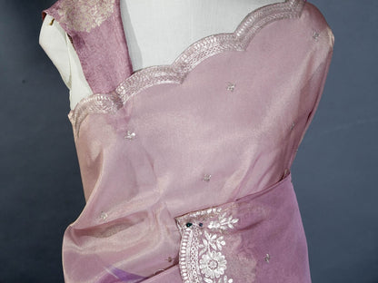 Pink Embroidery Tissue Saree - Shop Vastram