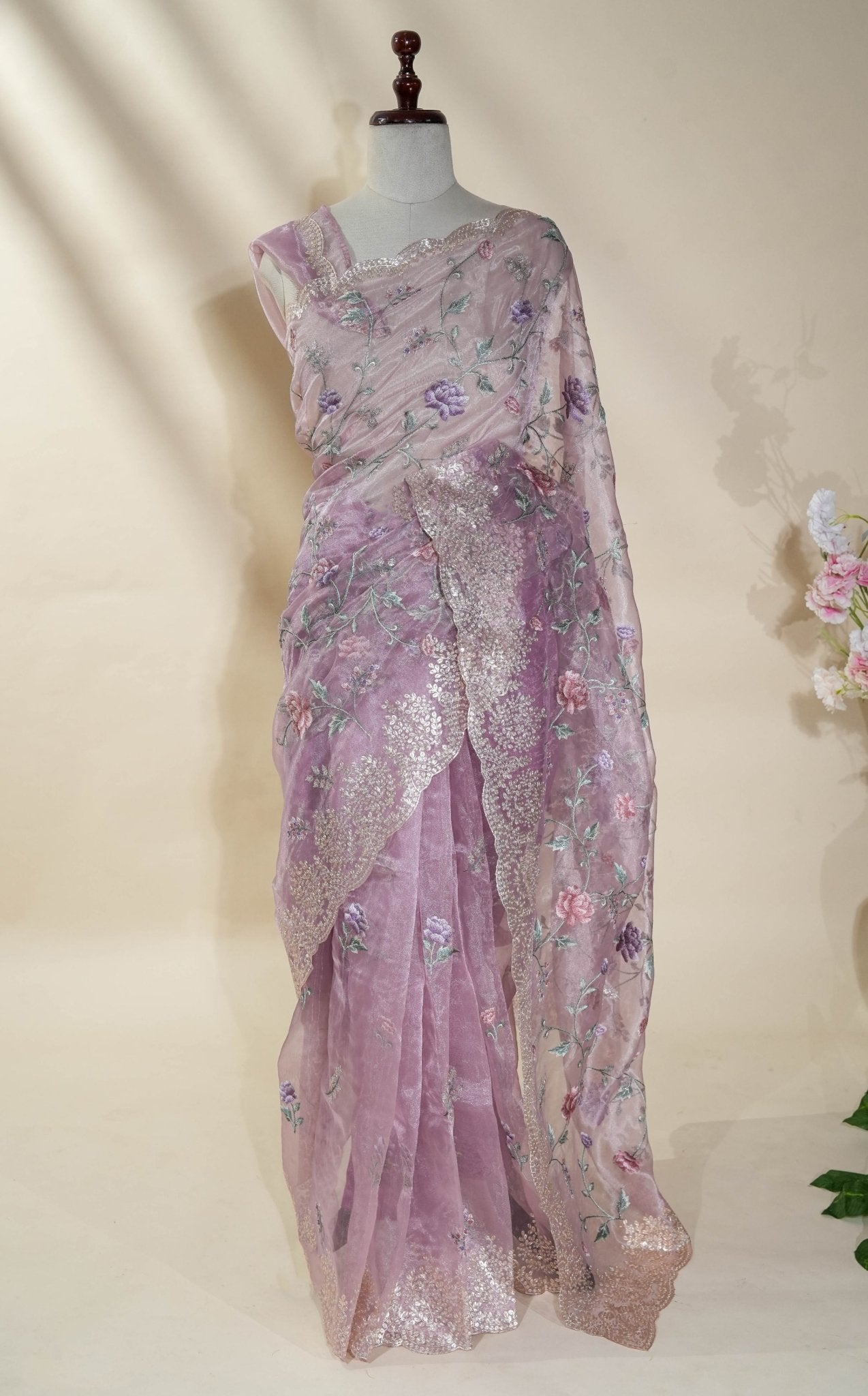 Pink Embroidery Tissue Saree - Shop Vastram