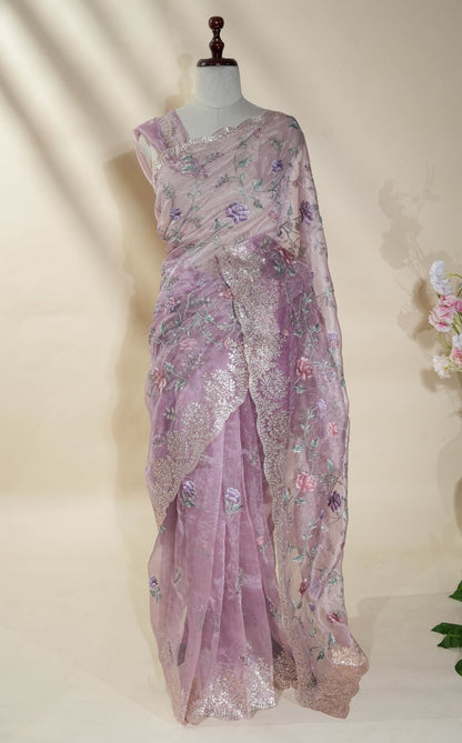 Pink Embroidery Tissue Saree - Shop Vastram