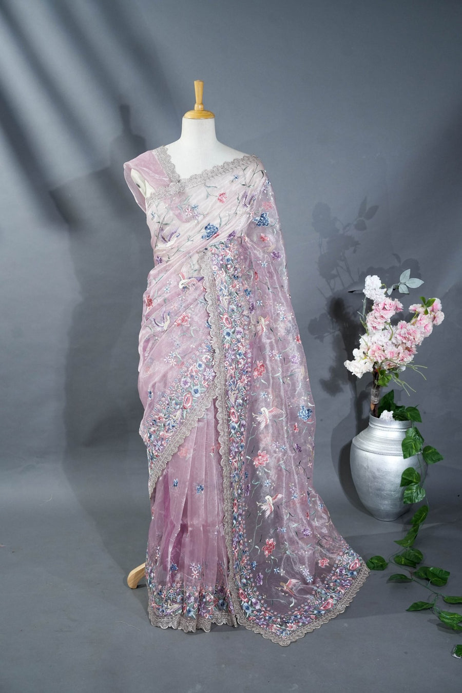 Pink Embroidery Tissue Saree - Shop Vastram
