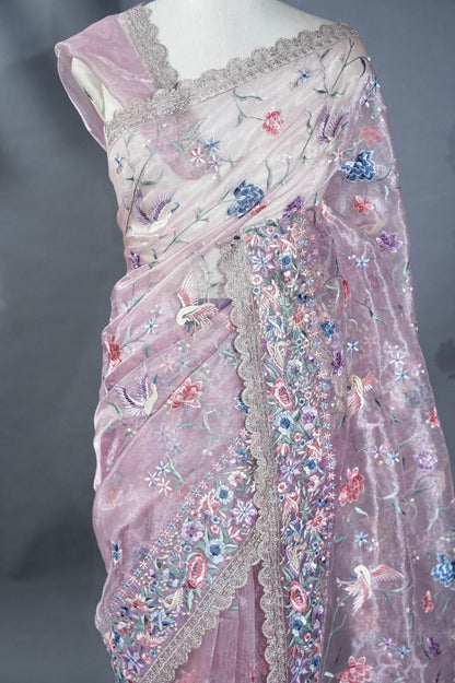 Pink Embroidery Tissue Saree - Shop Vastram