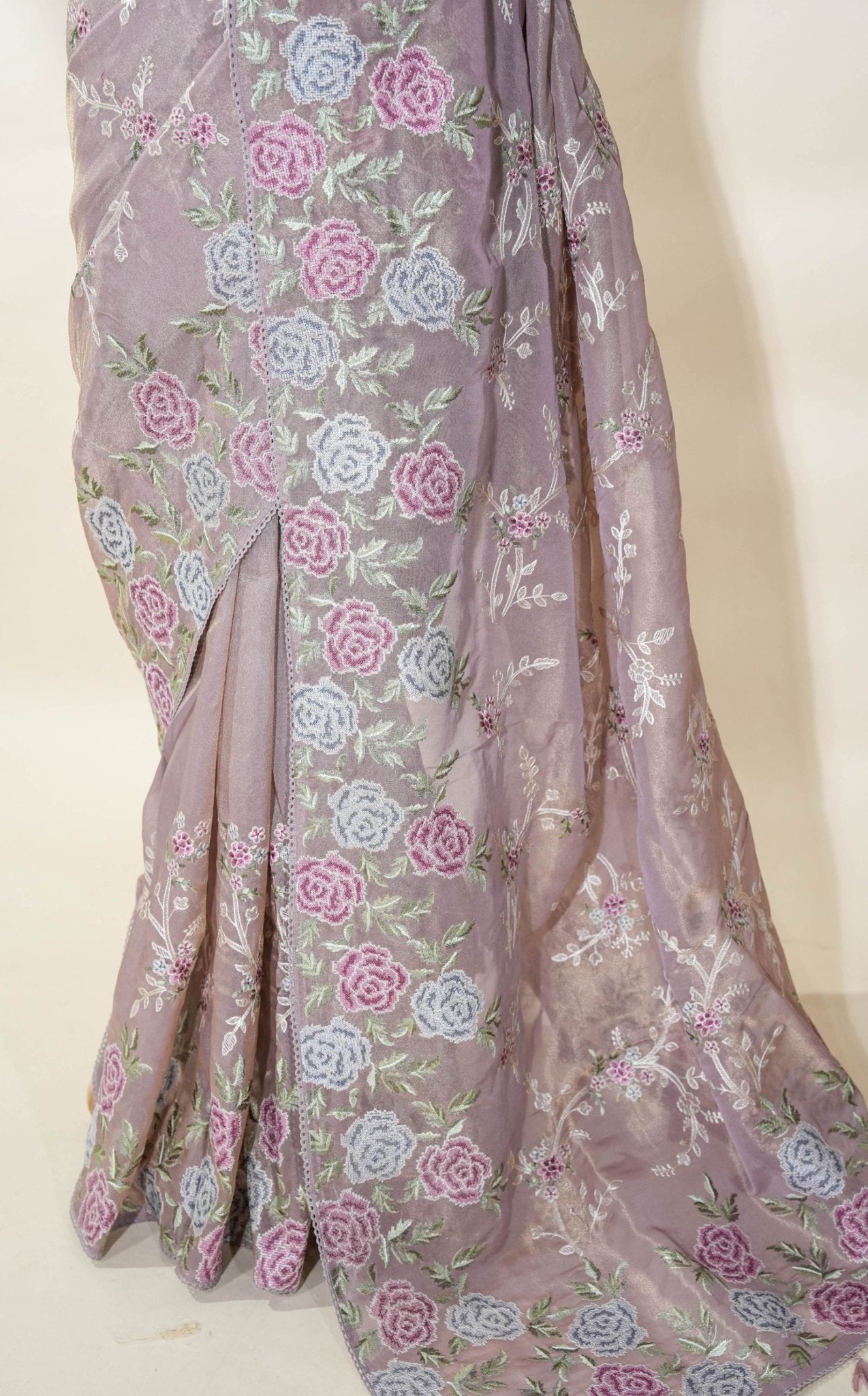 Pink Embroidery Tissue Saree - Shop Vastram