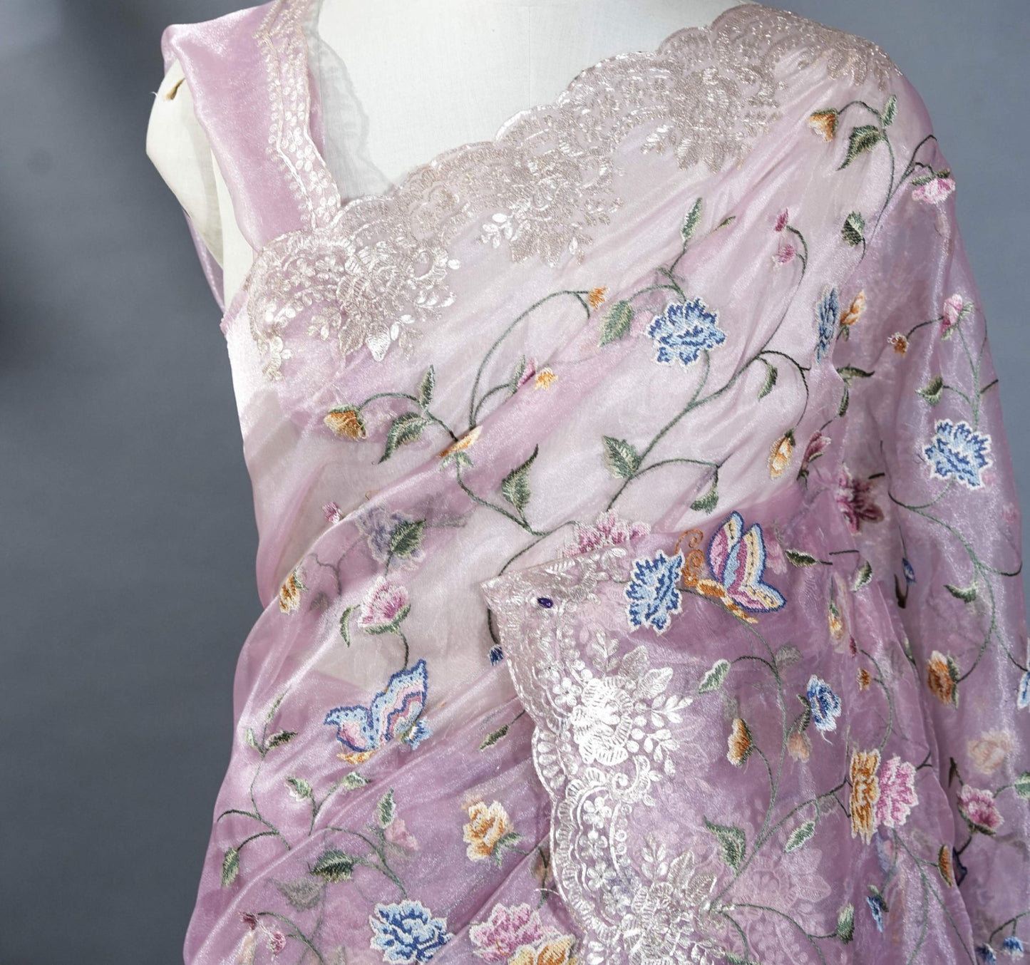 Pink Embroidery Tissue Saree - Shop Vastram