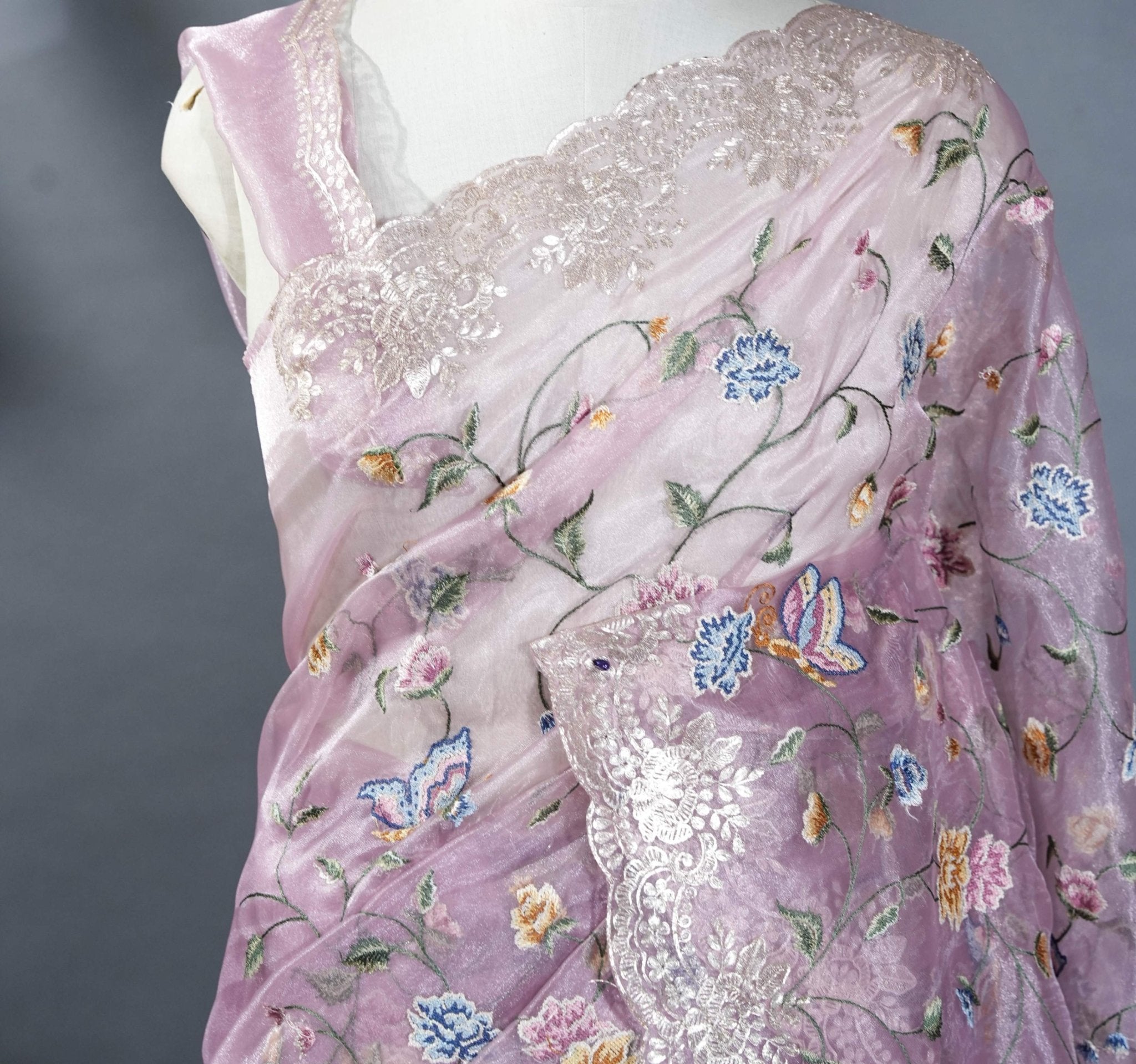 Pink Embroidery Tissue Saree - Shop Vastram