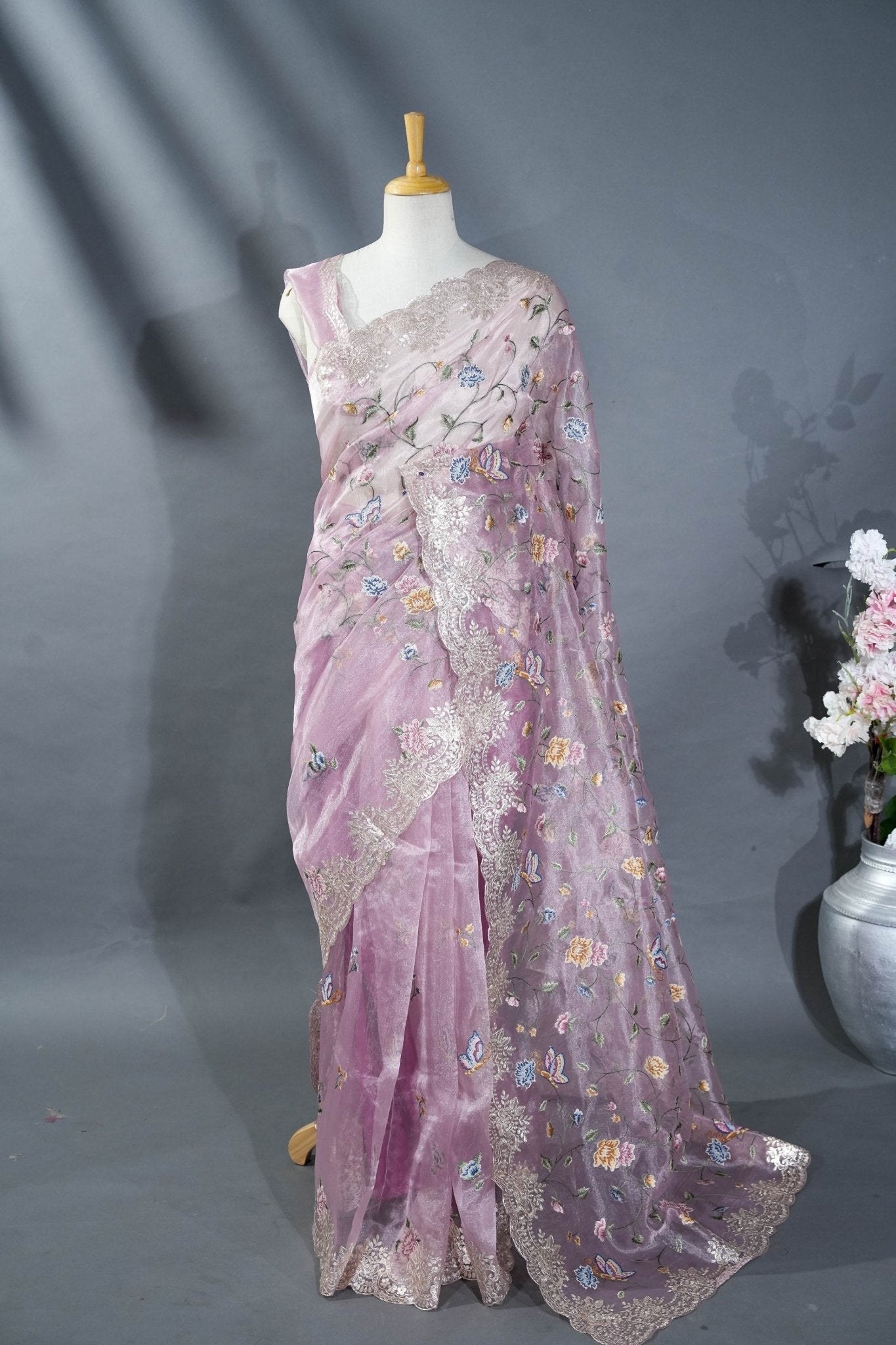 Pink Embroidery Tissue Saree - Shop Vastram