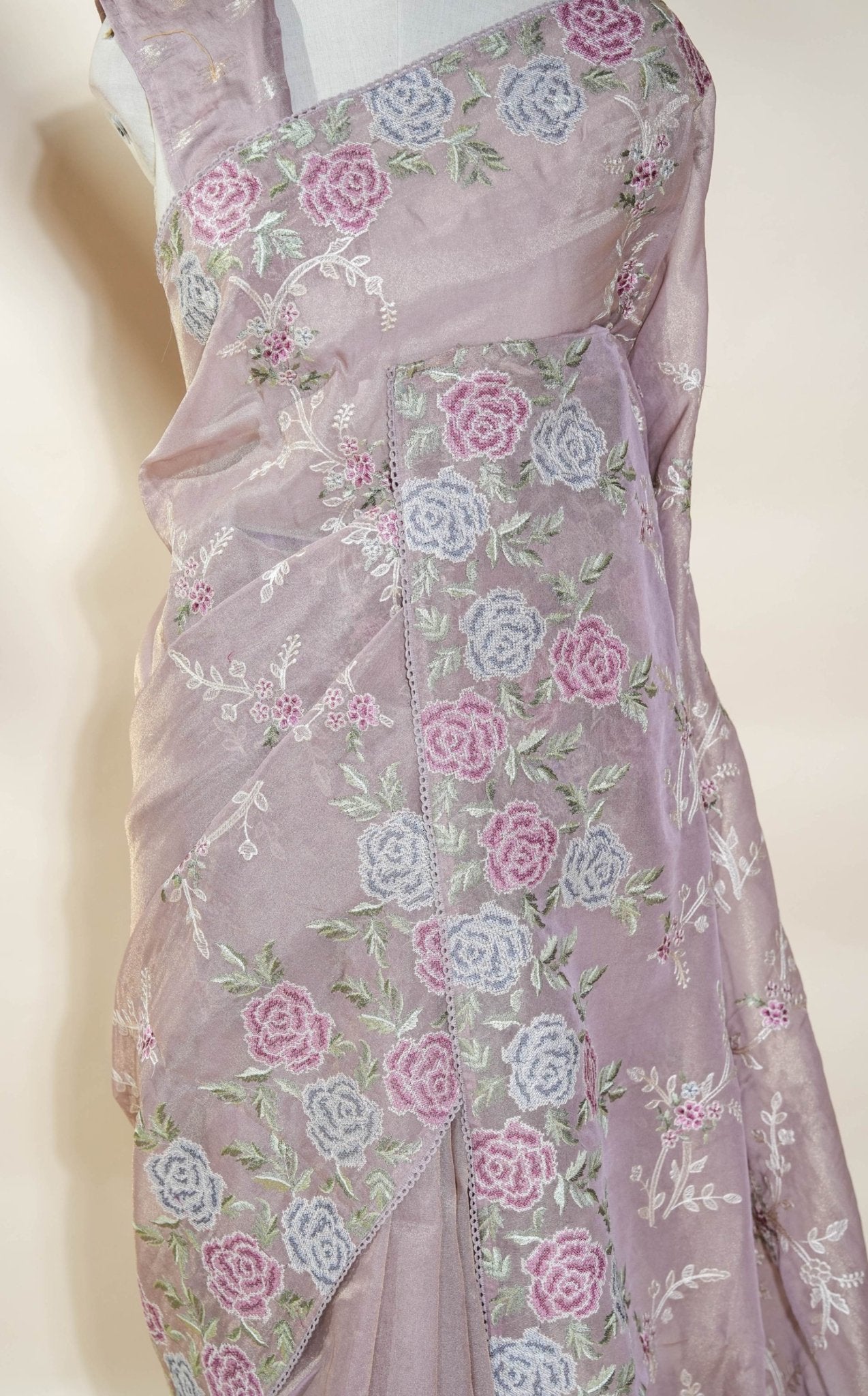 Pink Embroidery Tissue Saree - Shop Vastram