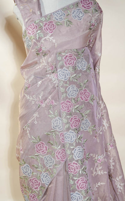 Pink Embroidery Tissue Saree - Shop Vastram