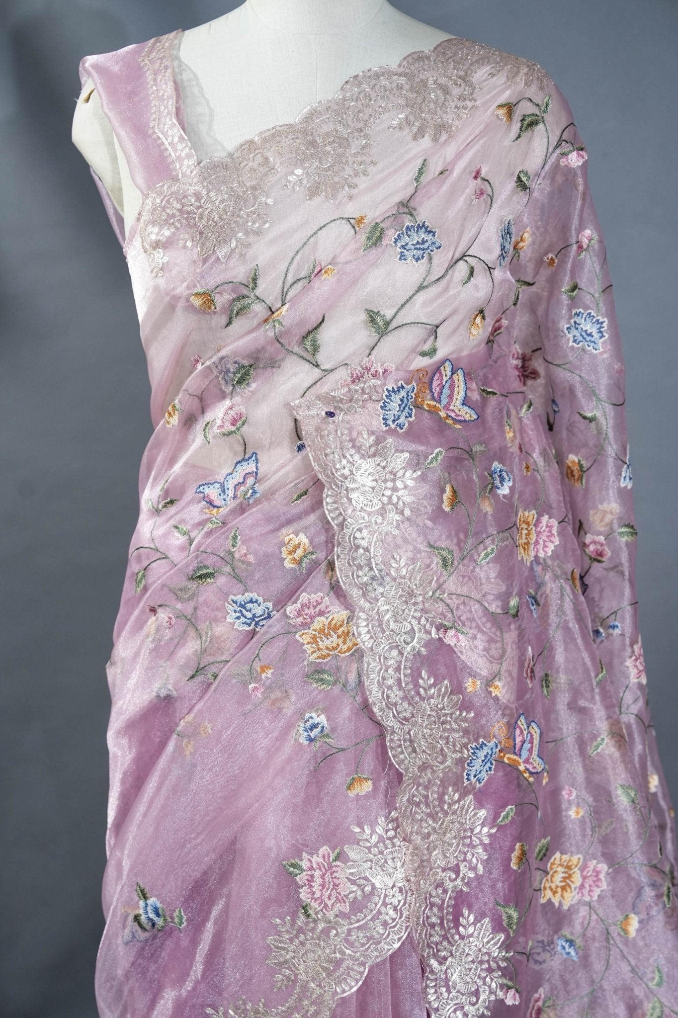 Pink Embroidery Tissue Saree - Shop Vastram