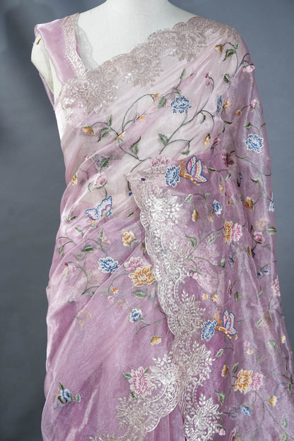 Pink Embroidery Tissue Saree - Shop Vastram