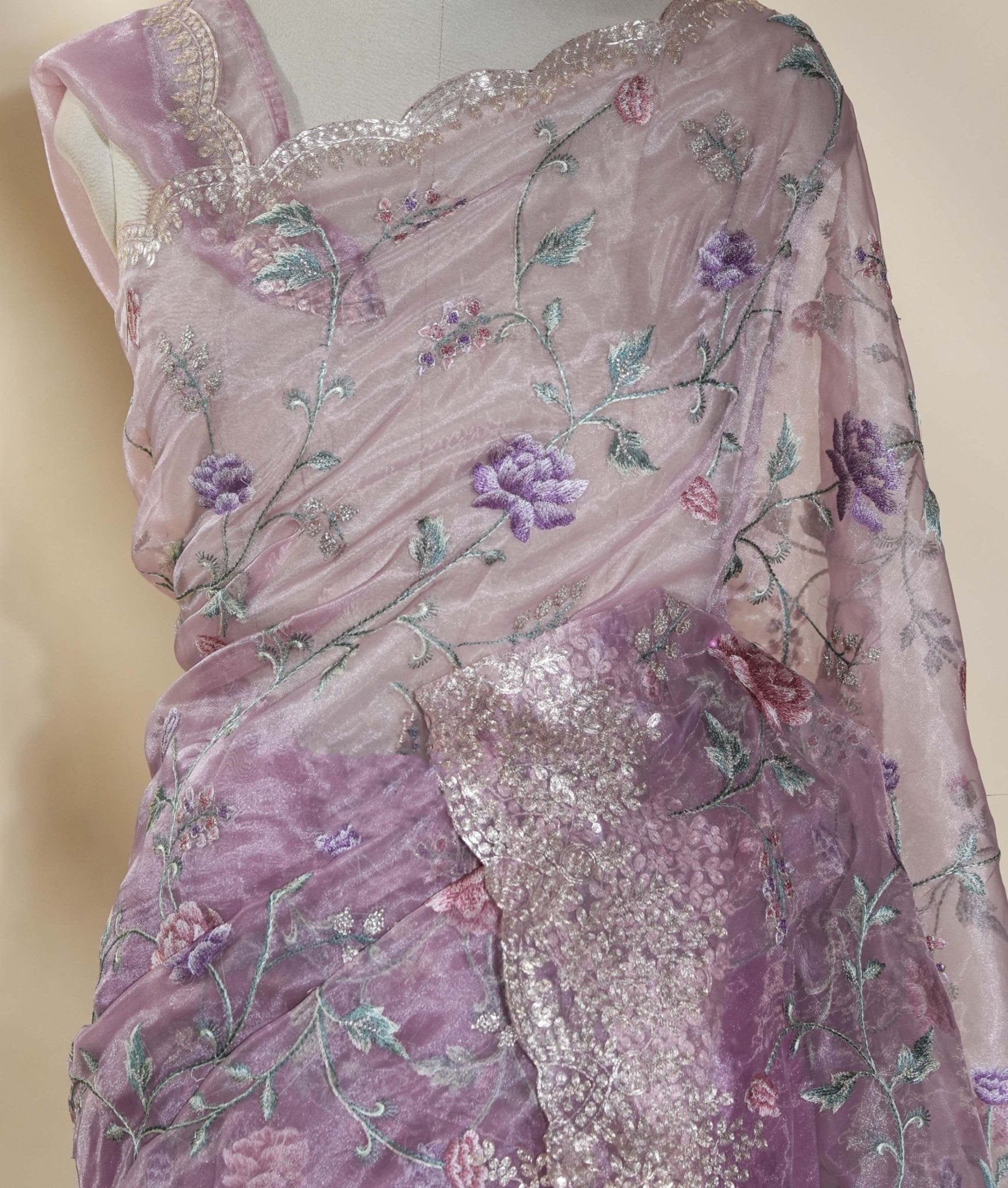 Pink Embroidery Tissue Saree - Shop Vastram