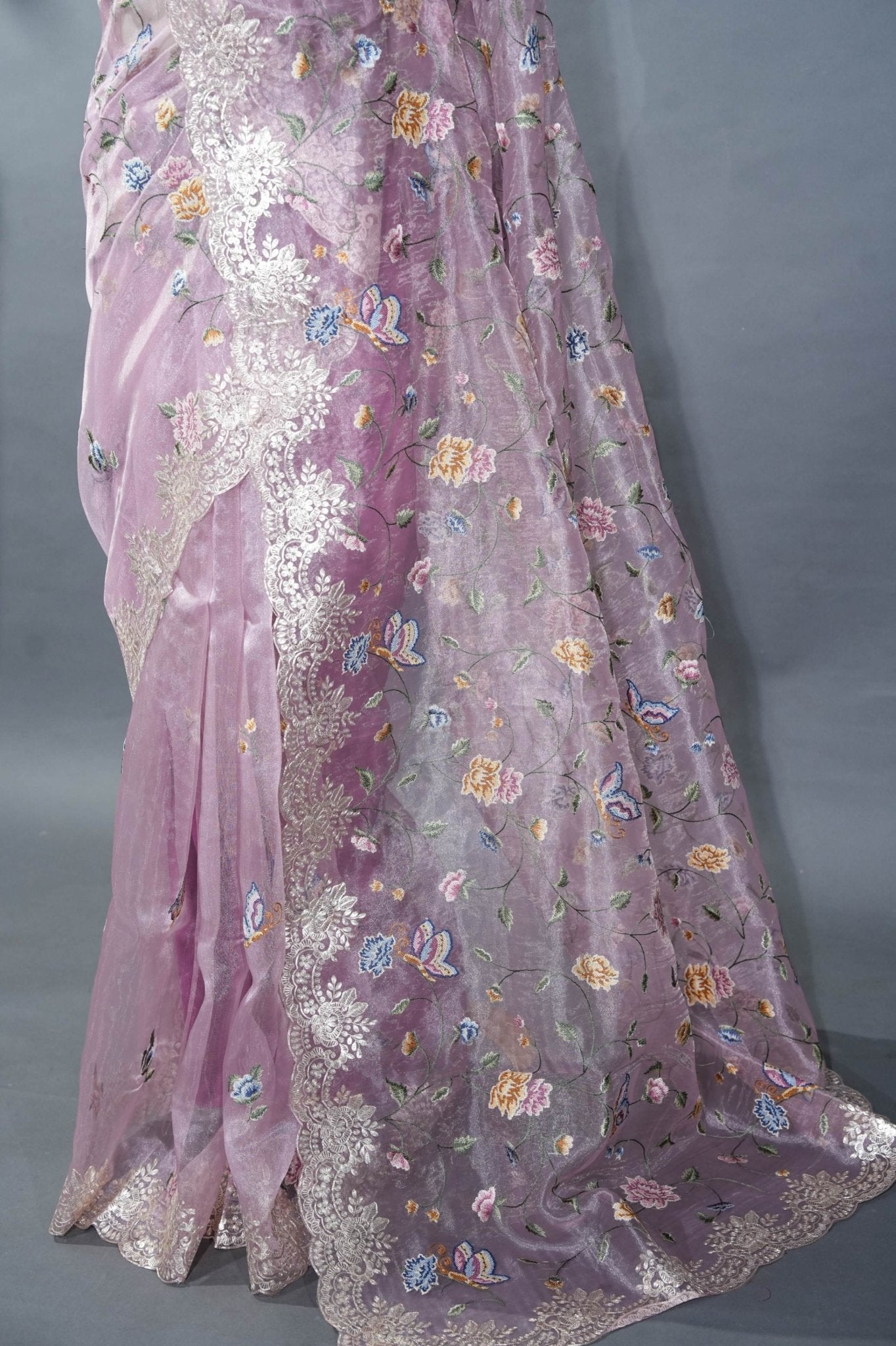 Pink Embroidery Tissue Saree - Shop Vastram