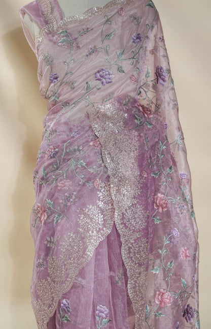 Pink Embroidery Tissue Saree - Shop Vastram