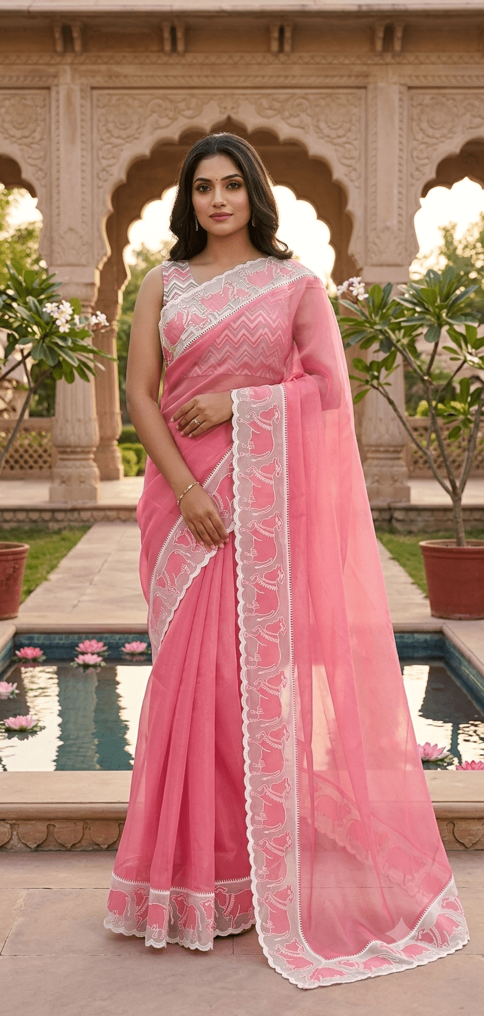 Pink Lightweight Embellished Pattu Saree with Elephant Motif Border & Chevron Blouse - Shop Vastram