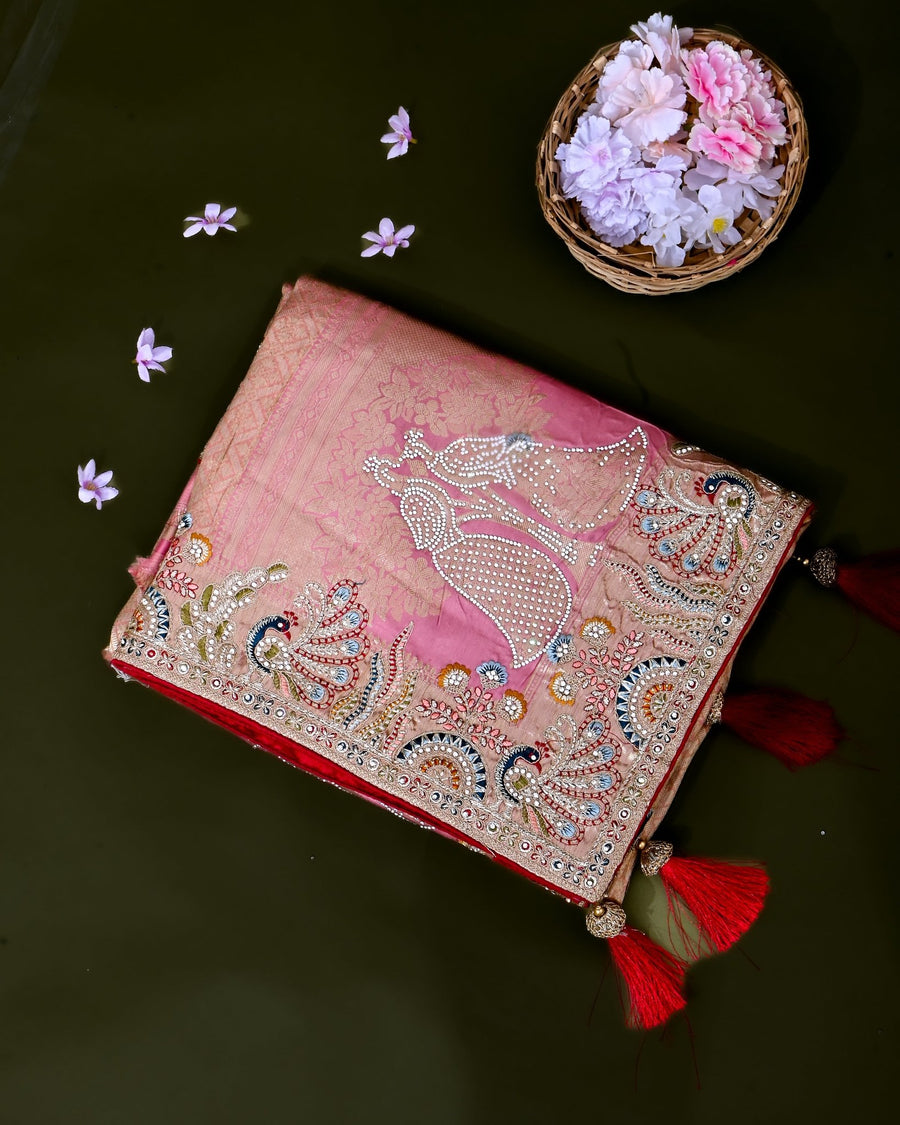 Pink Tissue Embroidery Saree - Shop Vastram