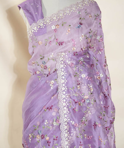 Purple Embroidery Organza Saree - Shop Vastram