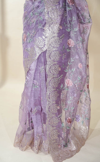 Purple Embroidery Tissue Saree - Shop Vastram