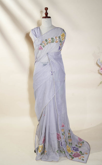 Purple Printed Embroidery Tissue Saree - Shop Vastram