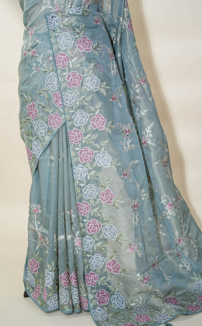 Silver Embroidery Tissue Saree - Shop Vastram