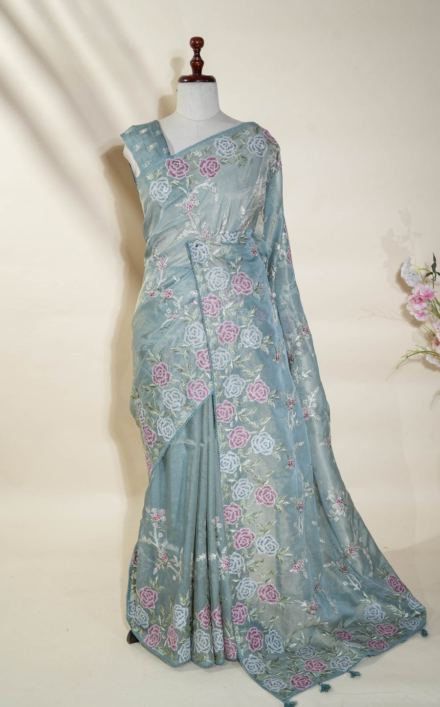 Silver Embroidery Tissue Saree - Shop Vastram