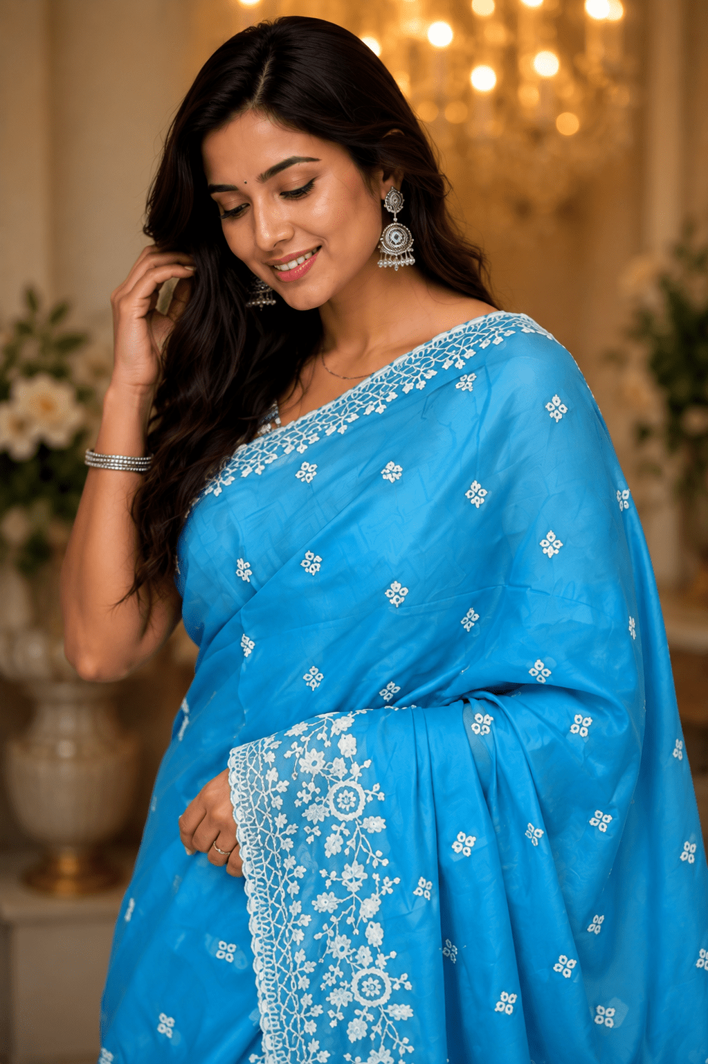 Sky Blue Embroidered Saree for Women | Designer Floral Border Saree - Shop Vastram