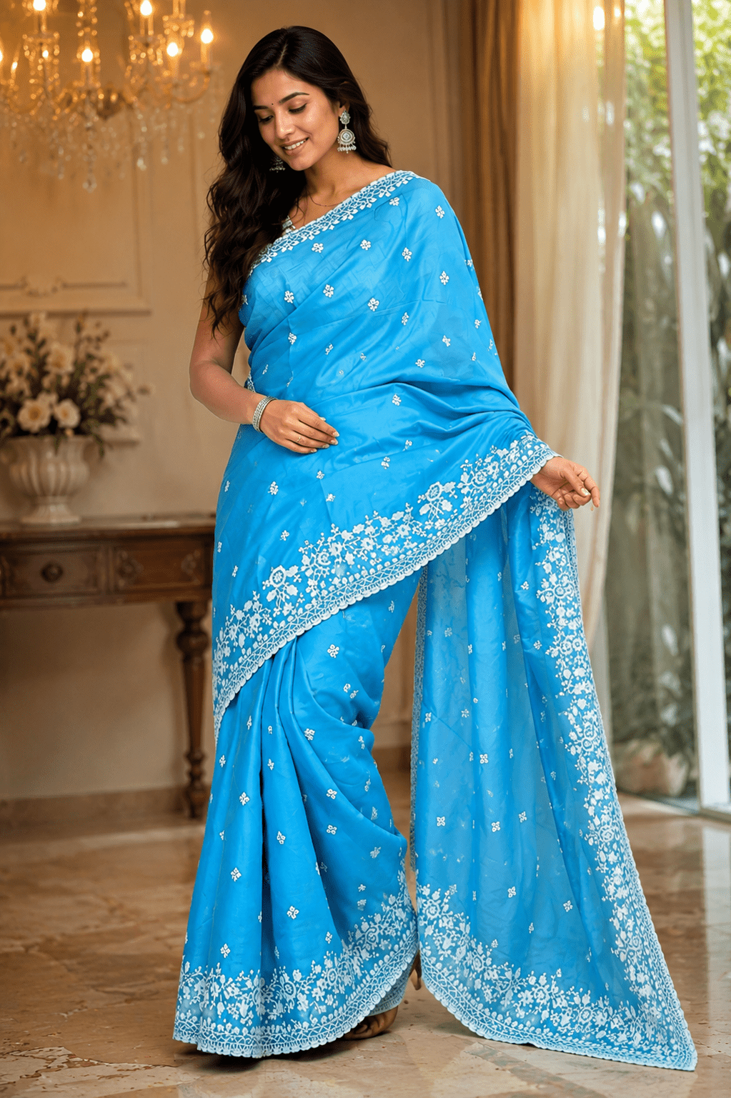 Sky Blue Embroidered Saree for Women | Designer Floral Border Saree - Shop Vastram