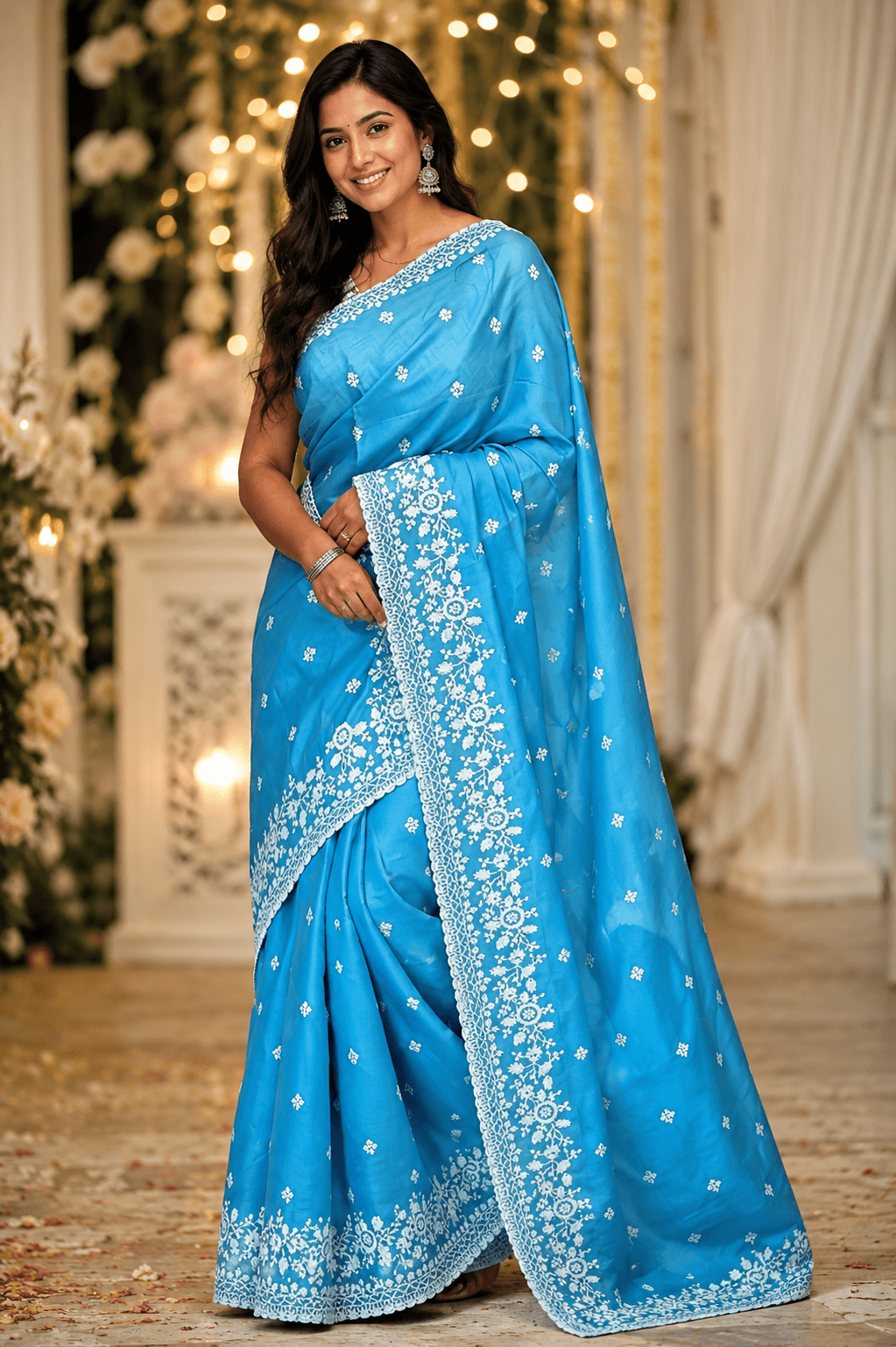 Sky Blue Embroidered Saree for Women | Designer Floral Border Saree - Shop Vastram