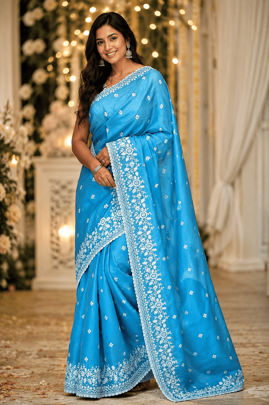 Sky Blue Embroidered Saree for Women | Designer Floral Border Saree - Shop Vastram