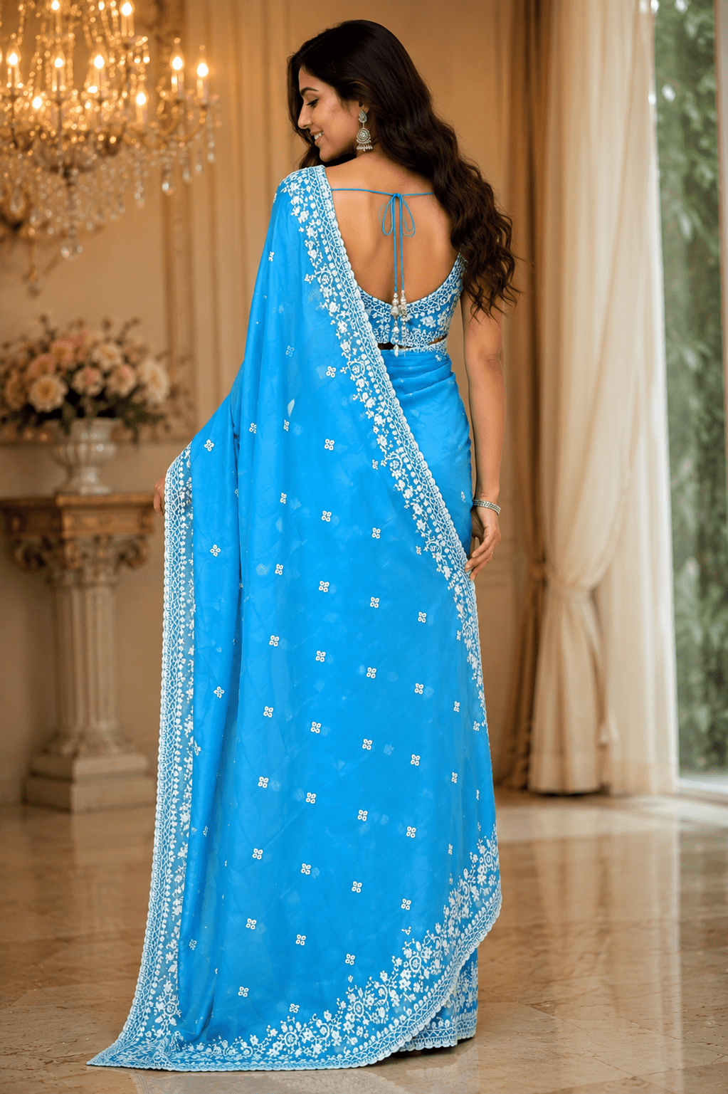 Sky Blue Embroidered Saree for Women | Designer Floral Border Saree - Shop Vastram