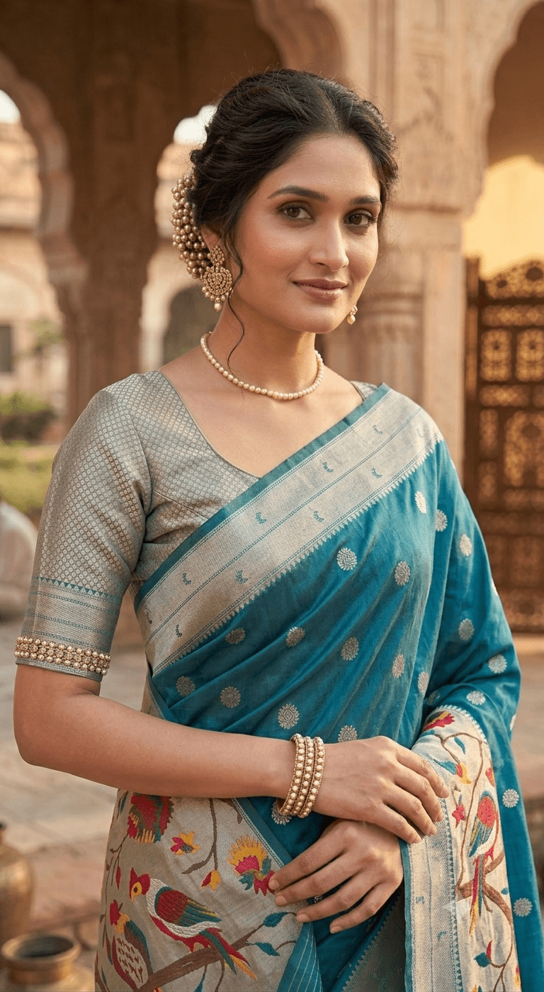Teal Blue Pure Silk Paithani Saree with Hand-Woven Floral & Bird Motif Pallu - Shop Vastram