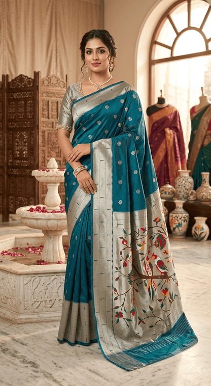 Teal Blue Pure Silk Paithani Saree with Hand-Woven Floral & Bird Motif Pallu - Shop Vastram
