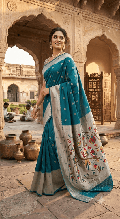 Teal Blue Pure Silk Paithani Saree with Hand-Woven Floral & Bird Motif Pallu - Shop Vastram