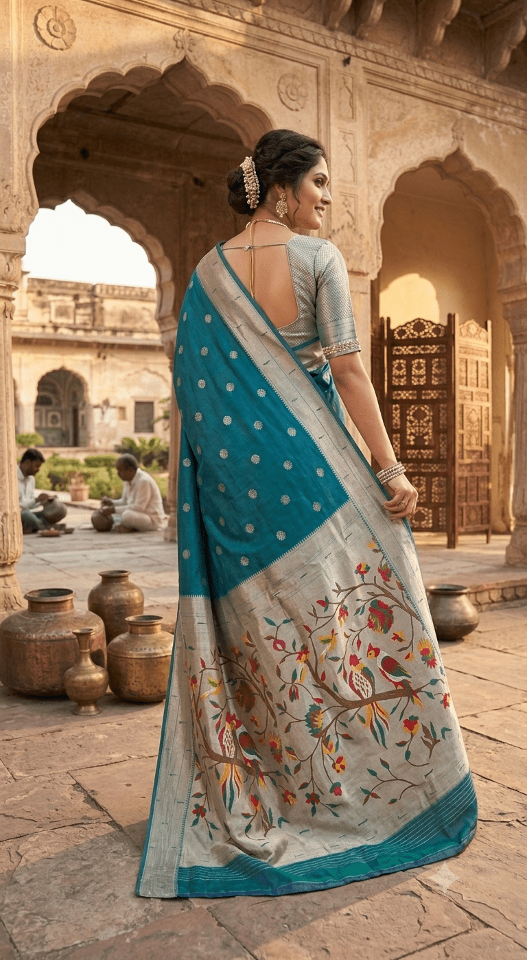 Teal Blue Pure Silk Paithani Saree with Hand-Woven Floral & Bird Motif Pallu - Shop Vastram