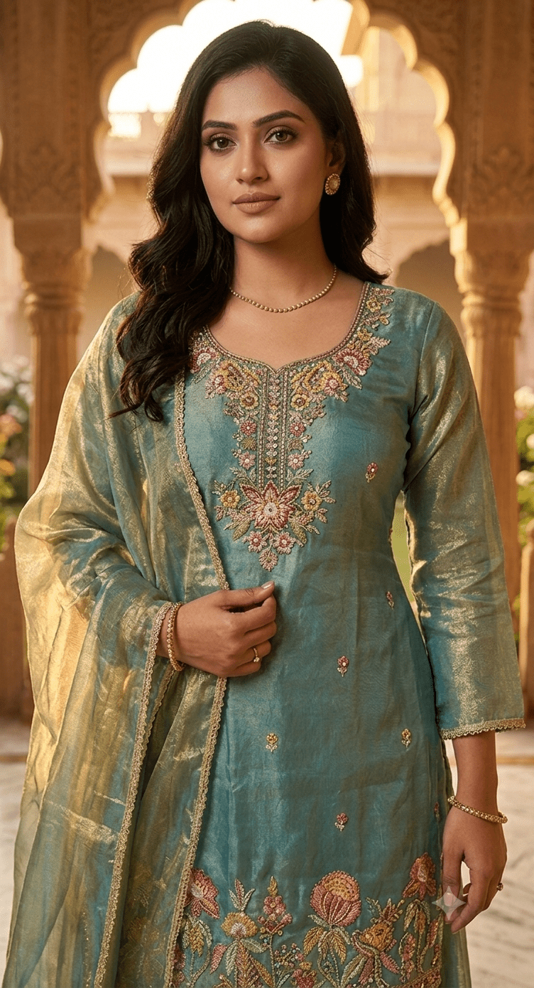 Teal Embroidered Straight-Cut Palazzo Suit Set for Women - Shop Vastram