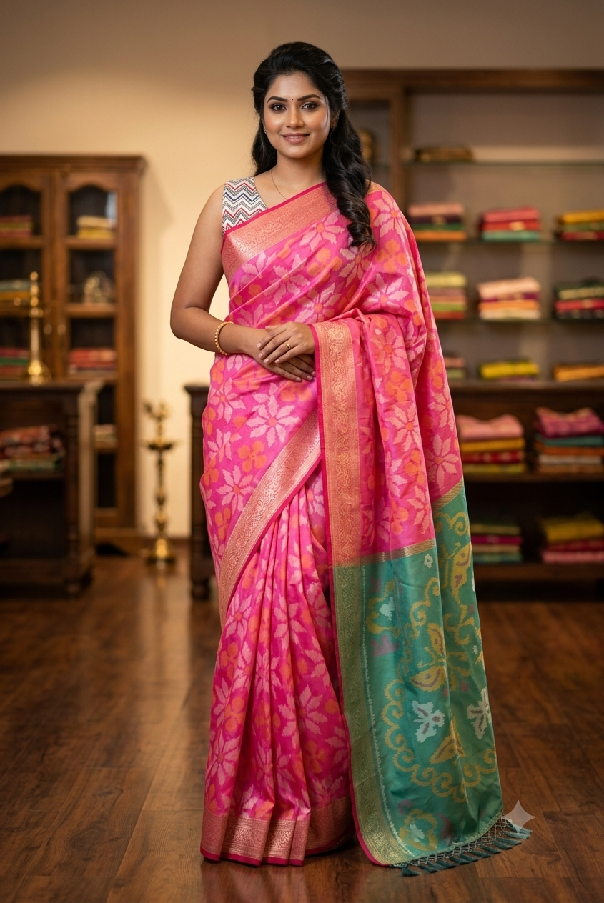 Vibrant Pink Lightweight Pattu Saree with Teal Contrast Border - Shop Vastram