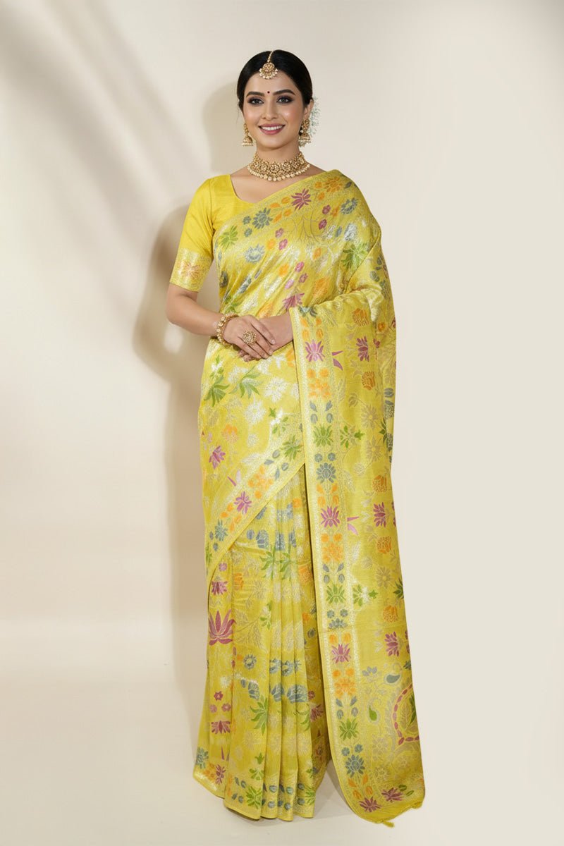 Yellow Banarasi Dupion Saree - Shop Vastram