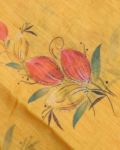 Yellow Color Lenin Saree - Shop Vastram
