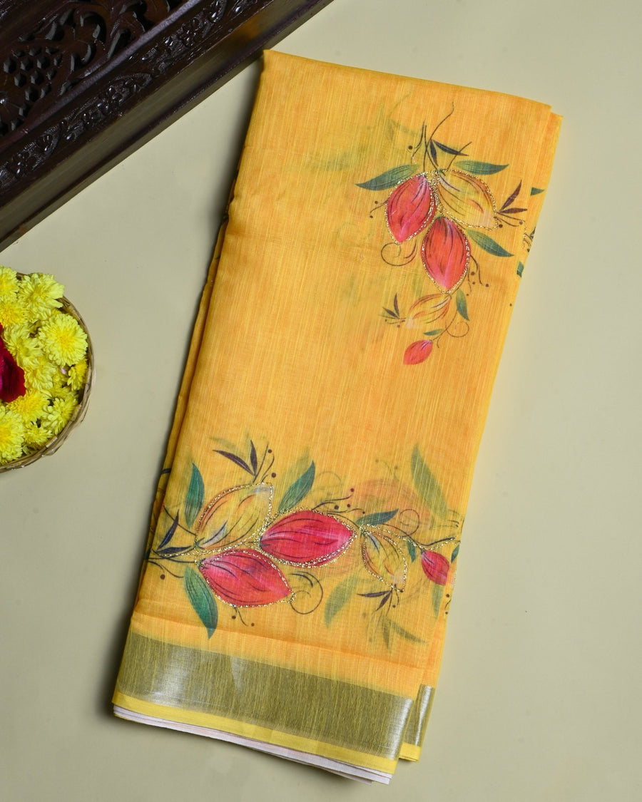 Yellow Color Lenin Saree - Shop Vastram