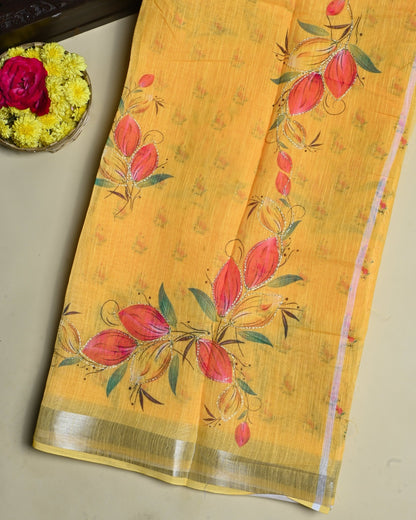 Yellow Color Lenin Saree - Shop Vastram