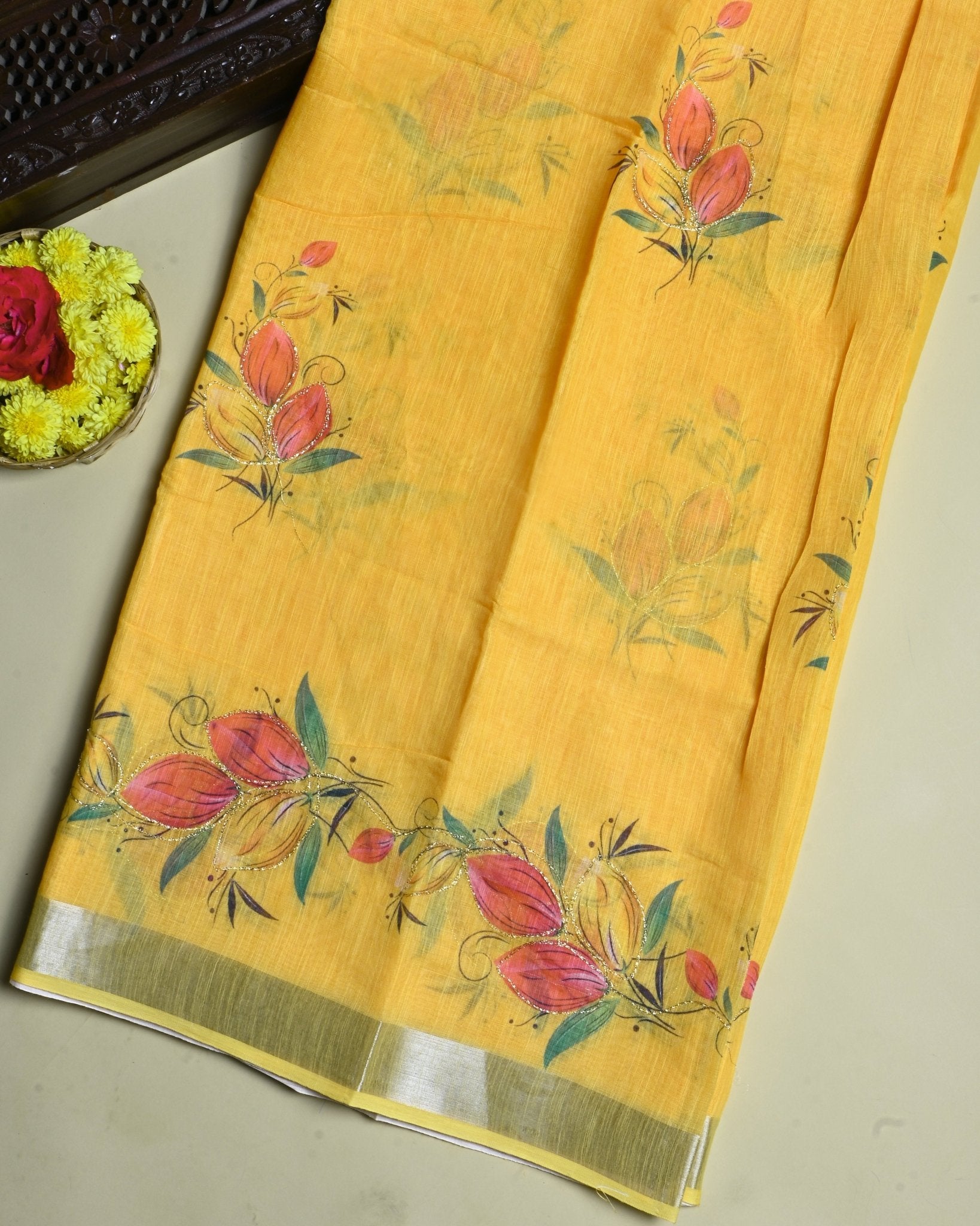 Yellow Color Lenin Saree - Shop Vastram
