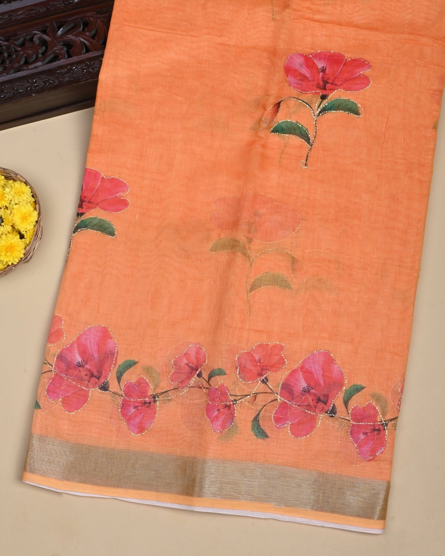 Yellow Color Lenin Saree - Shop Vastram