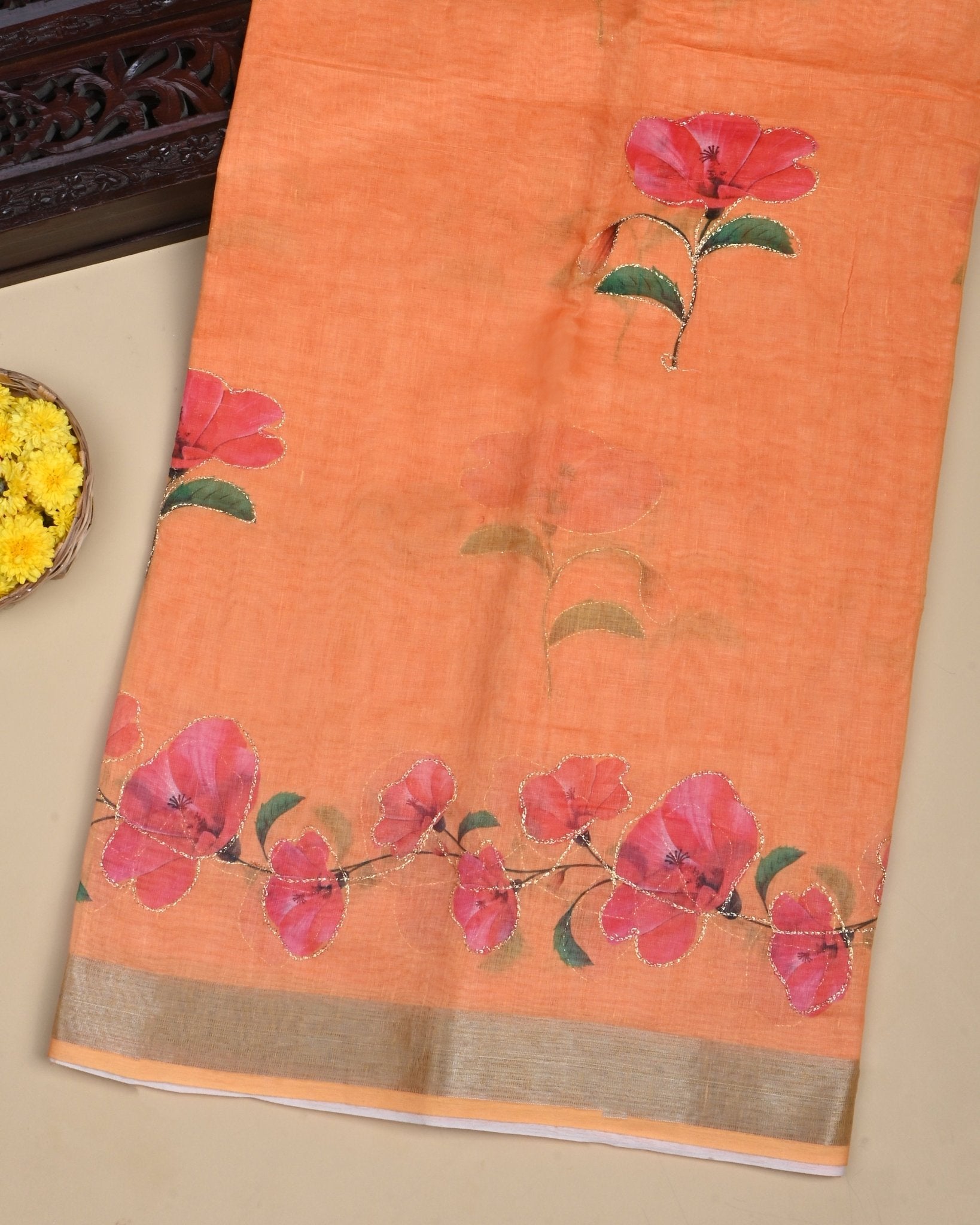 Yellow Color Lenin Saree - Shop Vastram
